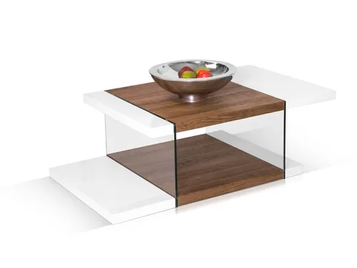 Couchtisch Wohnzimmertisch Tisch 109x60 SOLITO Glas Dekor Weiß Eiche Ablage