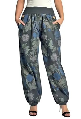 Mississhop 277 Damen Blumenprint Haremshose - Leichte Sommer-Haremshose mit elastischem Gummibund und stylischem Blumenmuster, ideal für Freizeit und besondere Anlässe.