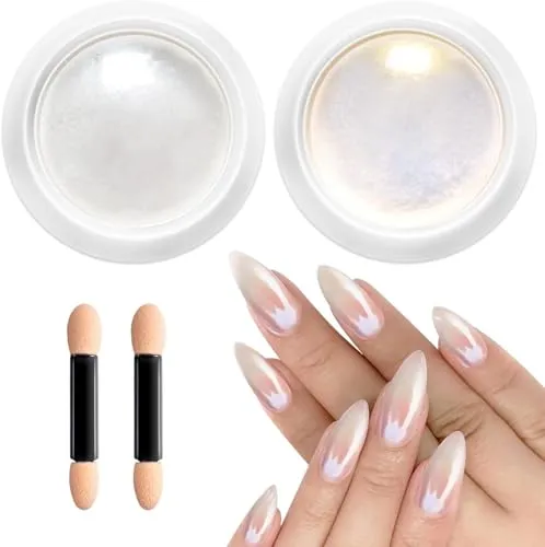 BISHENGYF【Upgarde】Perle Chrom Nagelpuder Glitzerpuder Weiße【Super Mirror Effect】2PCS Chrom Nagelpulver Neo Pearl Effect Chrome Nail Powder für Chrome Nails und Glazed Donut Nails