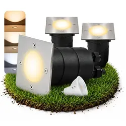 SSC-LUXon 3 Stück LED Bodeneinbaustrahler MADON für Aussen - Wegeleuchten Set mit 3 rostfreien, trittfesten Bodenspots, IP67 wasserdicht, ideal für Garten und Terrasse. Inkl. warmweißem LED GU10 Leuchtmittel für stimmungsvolle Beleuchtung.