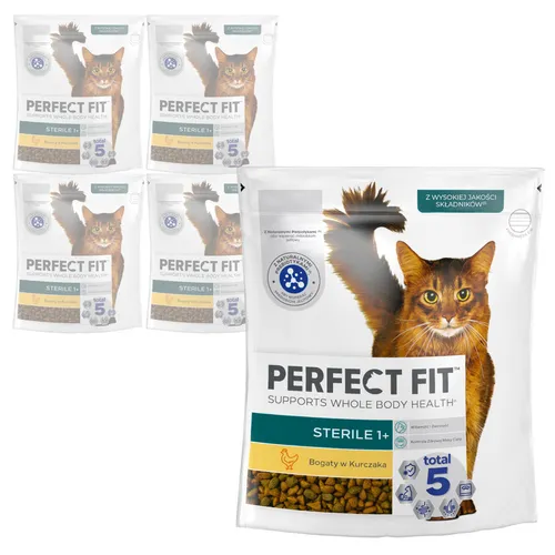 Perfect Fit Steril Trockenfutter für Katzen mit Hähnchen 5x750g - Katzenfutter für sterilisierten Katzen, kalorienarm mit 20% weniger Kalorien, fördert die Vitalität und enthält Präbiotika für eine gesunde Darmflora.