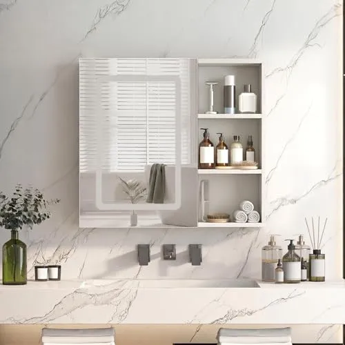 Spiegelschrank Bad mit Beleuchtung, LED Badschrank mit Spiegel und Ablage, 3 Farbtemperaturen & Dimmbare Helligkeit, Touch-Schalter, Spiegelschrank Bad mit Verstellbarem Regal (Weiß-60,2x60,2x15,2 cm)