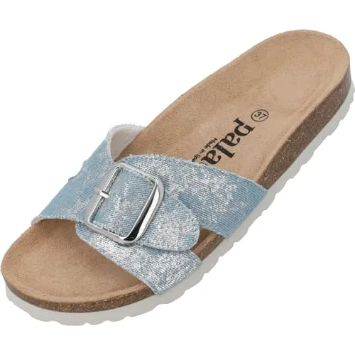 Palado Pantoletten Damen Tinos Jeans – elegante Sandalen Made in Spain - bequeme Hausschuhe mit Kork-Fußbett - modische Sommerschuhe Hellblau/Silber UK6 - EU39