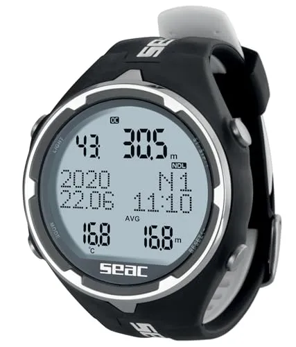 Seac Action, Tauchcomputer für Gerätetauchen und Freediving, Logbuch, Dive Planner, Safety Alarme, Schwarz/Weiß