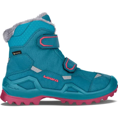 Lowa Winterschuhe Milo Evo Mid GTX - Wasserdichte Kinderstiefel in Türkis/Fuchsia - Winterschuhe für Kinder, wasserdicht und mit praktischem Klettverschluss für einfachen Einstieg, perfekt für Abenteuer im Schnee.
