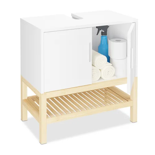 Waschbeckenunterschrank: Badunterschrank mit 2 Türen und Ablage - Badezimmerschrank mit 1 Regalfach, 2 Türen und stilvollem Design aus Faserplatte und Bambus. Ideal für praktischen Stauraum im Badezimmer, freistehend und einfach zu montieren.