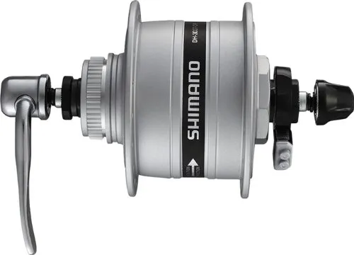 SHIMANO Nabendynamo DH-3D37 6V/3W - Silber mit Überspannungsschutz - Sonstige Fahrradteile, leichter Nabendynamo mit Aluminiumspule und Überspannungsschutz für zuverlässige Energieversorgung beim Radfahren.