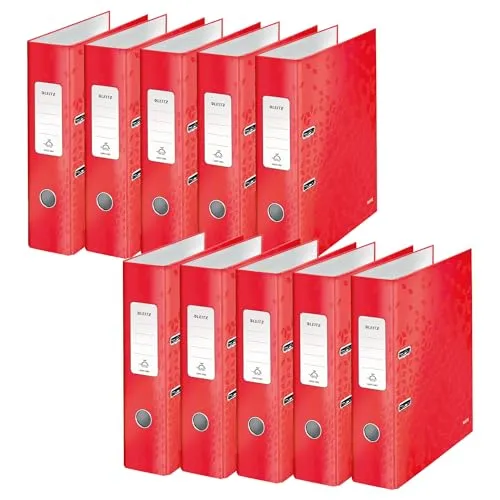 Leitz WOW Qualitäts-Ordner 180°, 10er Pack, Rot - 10 hochwertige A4-Hebelordner mit 8 cm Rückenbreite und 180° Präzisionsmechanik für schnelle Ablage. Robuste, laminierte Oberfläche in Metallic-Rot, ideal für Büro und unterwegs. FSC-zertifiziert und mit 5 Jahren Garantie.