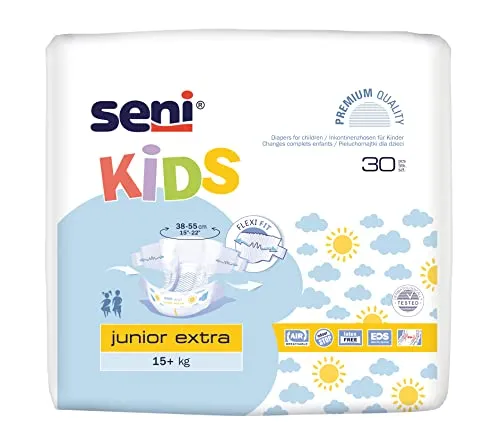 Seni Kids Junior Extra 15+ kg Sparpaket (5 x 30 Stück) - Inkontinenzeinlagen für Kinder, atmungsaktive Windeln mit hohem Tragekomfort und Auslaufschutz, ideal für mittlere bis schwere Inkontinenz.