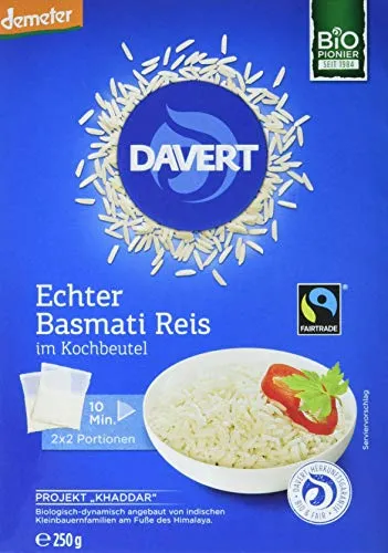 Davert Bio Basmati Reis im Kochbeutel, 250g - Bio-Reis aus dem Himalaya, kocht locker und duftet herrlich. Ideal für asiatische Gerichte mit Gewürzen und Früchten. Veganes Produkt in praktischen Kochbeuteln.