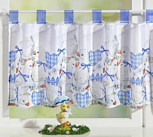 LANDHAUS BISTROGARDINE GÄNSEKINDER KAROHERZ WEISS HELLBLAU 45 x 120 cm