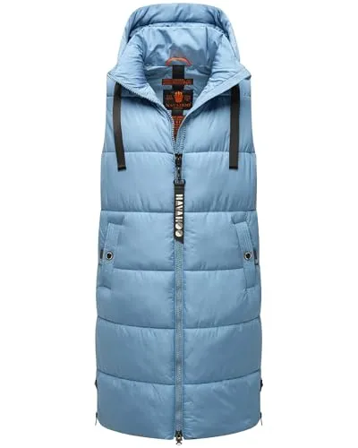 Navahoo Damen ärmellose Lange Outdoorweste Schnuffelchen Powder Blue 3XL - Funktionsjacke für Herbst und Winter, mit weicher Wattierung und verstellbarer Kapuze – ideal für Outdoor-Aktivitäten und bietet viel Bewegungsfreiheit.