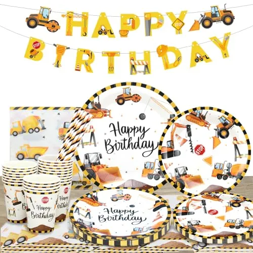 Baustelle Partygeschirr Geburtstag Deko für 20 Gästen,101 Stück Bagger Baustelle Party Deko Pappteller Pappbecher Servietten Strohhalm Set für Junge Geburtstag Dekoration