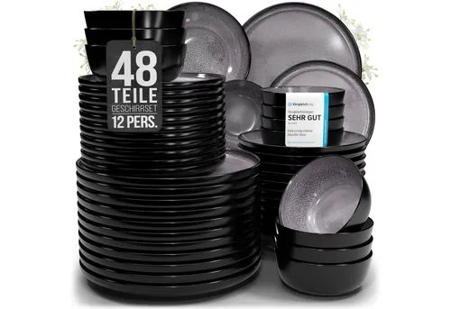 Steingut Geschirrset 12 Pers. Ibiza 48-tlg in grau von PURE LIVING INTERIOR DESIGN