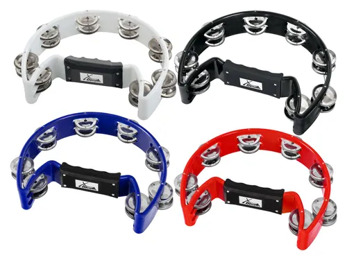 4er Set XDrum TM-1 Hand Tambourin Multicolor - Percussion Set mit ergonomischem Griff und Halbmonddesign, 16 Paar verchromte Stahlschellen, ideal für Musiker, die Vielfalt in Farbe und Klang suchen.