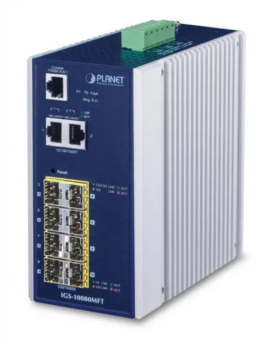 PLANET IGS-10080MFT Managed Switch - 8-Port SFP Managed Switch, ideal für industrielle Anwendungen mit DIN-Schienenmontage und hoher Flexibilität in der Netzwerkintegration.