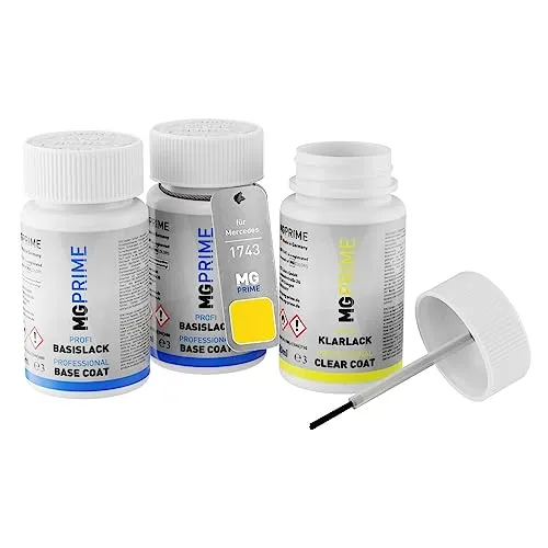 Produktbild MG PRIME Autolack Lackstift Set für Mercedes 1743 Limonitgelb Metallic Grundlack Basislack Klarlack je 50ml