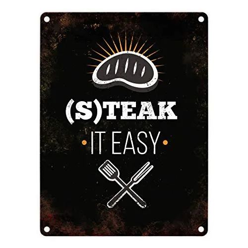Metallschild mit BBQ Motiv und Spruch: Steak it easy