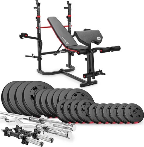 Hop-Sport Hantelbank HS-1065 + Curlpult - inkl. 105 KG Hantelset: Lang-, Curl- & Kurzhantelstange, Gewichte/Hantelscheiben