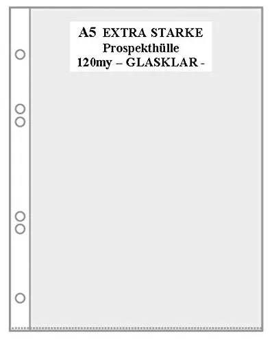 100x Prospekthülle A5 in GLASKLAR GLATT, EXTRA STARK 120my (0,12mm) ohne Aufdruck DOKUMENTENECHT, RECYCELBAR