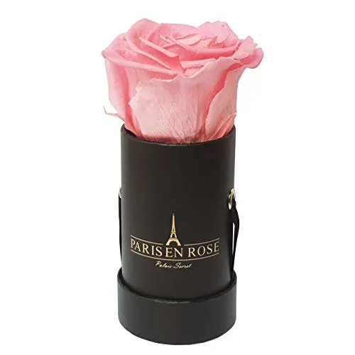 PARIS EN ROSE Mini Rosenbox Palais-Secret | 3 Jahre haltbar | Schwarze Flowerbox mit Pinker (Madelaine) Infinity Rose | 1 konservierte Blume