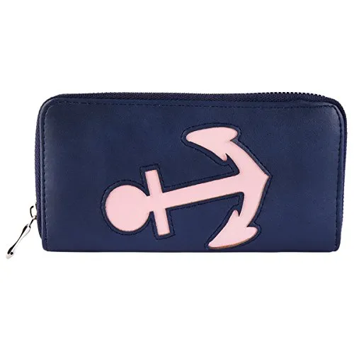 Damen Reißverschluss Geldbörse Portemonnaie Geldbeutel Portmonee Anker Marine, Farbe:Dunkelblau