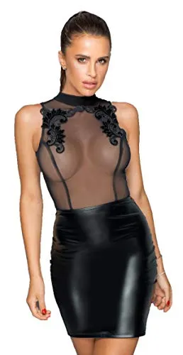 Teiltransparentes Minikleid mit Stickerei ärmellos in schwarz Dessous Kleid mit Wetlook Rock rückenfrei XL