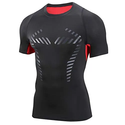 AMZSPORT Herren Kompressionsshirt Kurzarm Funktionsshirt Atmungsaktives Sportshirt Laufshirt，Rot XL