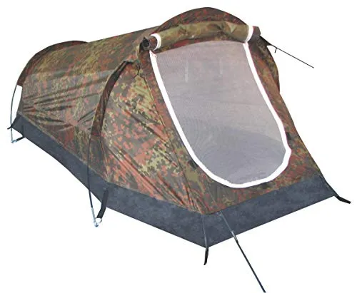 MFH Tunnelzelt Schwarzenberg Flecktarn - Wasserdichtes 1-Personen Tunnelzelt für Sommer Camping & Festivals. Mit Moskitonetz und robustem Fiberglasrahmen, ideal für Outdoor-Abenteuer.