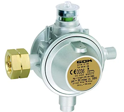 BOGAPRO Gewerberegler für Propangasflaschen, Druckminderer mit Schlauchbruchsicherung, Variante 50 mbar, Gasdruckregler, inkl. Lecksuchspray