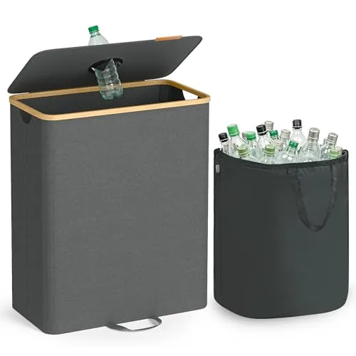 SONGMICS Pfandflaschen-Sammelbehälter, 135 L Pfandflaschen-Behälter, Flaschensammler Leergut, Recycling-Behälter, mit Loch, Deckel, Innensack mit Griffen, Küche, schiefergrau-naturbeige RRB513G01