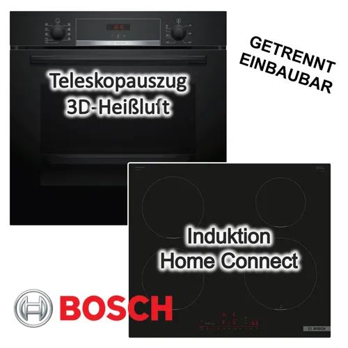 BOSCH Backofenset Schwarz mit Induktionskochfeld und HomeConnect - Praktisches Backofenset mit 71 Liter Volumen, 4 Induktionsplatten und innovativer Pizzafunktion. Genieße komfortables Kochen und einfache Reinigung dank Hydrolyse und EcoClean.