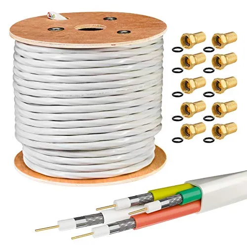 HB DIGITAL 50m Quattro-Kabel Koaxial SAT 4-Fach Weiß 4-in-1 für Ultra HD 4K DVB-S/S2/C/T/T2 BK Anlagen + 30 Vergoldete F-Stecker Set Gratis (Quattro, Quad)