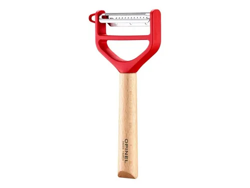 Opinel Schäler T-Duo - Holzschäler in Rot, doppelte Edelstahlklingen für perfekte Juliennes und ideal für Rechts- und Linkshänder