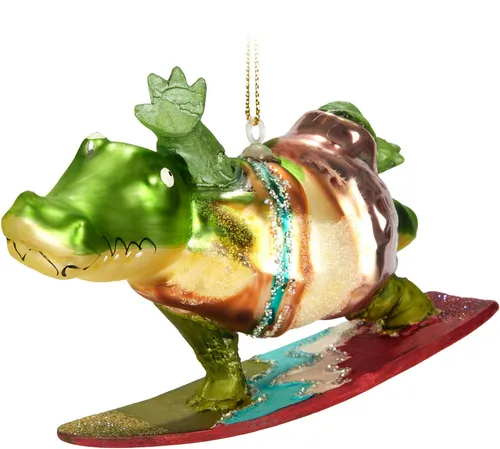 BRUBAKER Christbaumschmuck Surfendes Krokodil - Weihnachtskugel aus Glas - Kroko auf Surfbrett (1-tlg), Handbemalt - Lustiger Christbaumschmuck - Anhänger Baumkugel - 13 cm