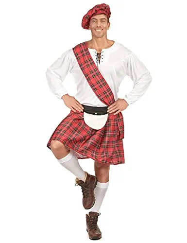 Jadeo - Déguisement écossais rouge et blanc homme L - Multicolore - Kostüm für Erwachsene: Traditionelles Schottenkostüm mit rotkariertem Kilt, perfektes Outfit für Karneval und Kostümpartys, inklusive Hut und Schal.