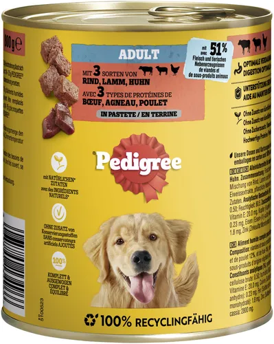 Pedigree Hundefutter Classic 800 g - Rind, Lamm und Huhn - Hundefutter mit hochwertigen Zutaten, reich an Proteinen für starke Muskeln und gesunde Vitalität, ideal für ausgewachsene Hunde.