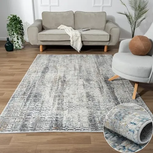 MY-RUG Teppich Hanne 2 rechteckig Beige/Blau 150 x 80 cm Läufer meliert für den Flur und Eingang, Schlafzimmerteppich hell kurzflor, Küchenteppich in Beige Grau für Deinen Boho Stil