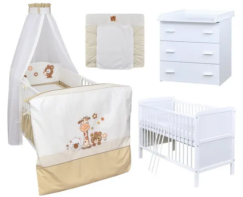 Baby-Delux Babyzimmer-Komplettset Babyzimmer 140x70 weiß Komplettset, (13-tlg), Babybett Wickelkommode Bettwäsche Set Komplettzimmer