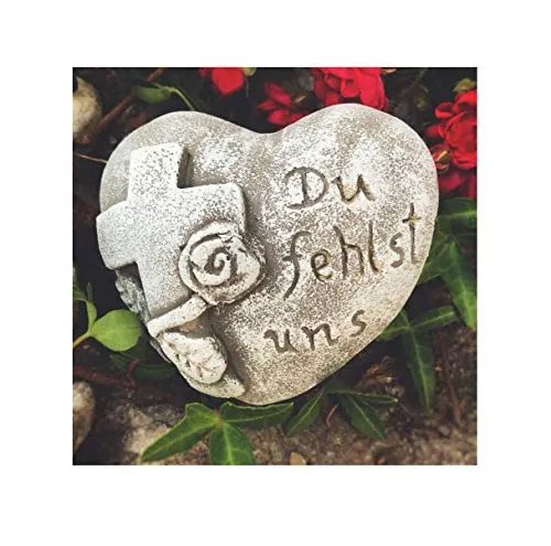 Radami Grabherz mit Spruch - Du fehlst uns - Grabschmuck Dekoherz Steinguss Herz m. Kreuz 07