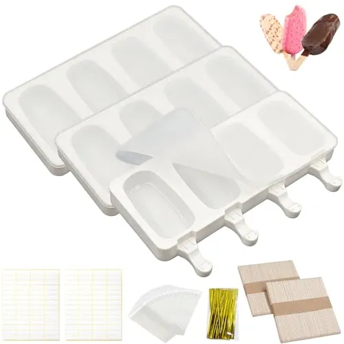 Stück Silikon eisform Mit Deckel, 4 Hohlräume Stiele Wiederverwendbare Eisformen, Enthält 100 Eisstangen,100 Verpackungsbeutel,100 Bündelbänder,100 Aufkleber,Eiscreme form Mould Eis Selber 3