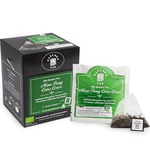 Bio Mao Feng Criss Cross 15 x 3g, einzeln kuvertiert, Paulsen Tee Grüner Tee im Pyramidenbeutel - Bio, rückstandskontrolliert & zertifiziert