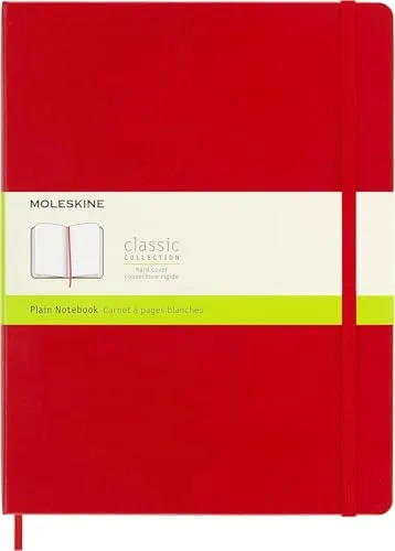 Notizbuch XL 19x25cm - blanko Hardcover, scharlachrot mit Gummiband, Lesezeichen und praktischer Falttasche