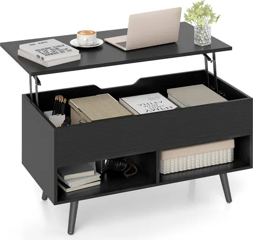 GOPLUS Couchtisch höhenverstellbar, Kaffeetisch mit anhebbarer Tischplatte, offenen Fächern, Stubentisch für Büro, 80 x 40 x 46-60 cm, Schwarz