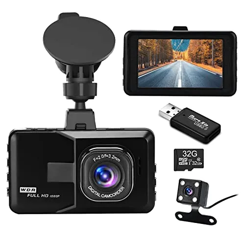 Podazz Dashcam Auto Vorne und Hinten — 3 Zoll IPS Bildschirm FHD 1080P Dash Cam, für Autos 170 Weitwinkel, Super Nachtsicht, G-Sensor, Loop-Aufnahme und Bewegungserkennung, Parküberwachung