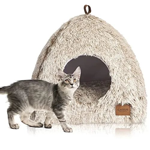 CATISM Katzenbett Waschbar Katzenschlafplatz für Katzen Katzenhöhle Plüsch Haustier Katzenkopfkissen Katzenhaus Katzenkissen Flauschiges Kätzchen Welpen Kuschelbett Haustierbett Kaffee