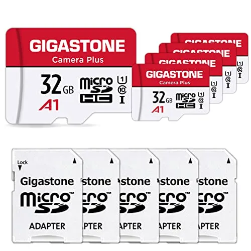 GIGASTONE Kamera Plus 32GB MicroSDHC Speicherkarte 5er-Pack + SD Adapter, für Action-Kamera und Drohne, Lesegeschwindigkeit bis zu 90MB/s, Full HD-Videoaufnahme, A1 U1 Klasse 10 Micro SD Karte UHS-I