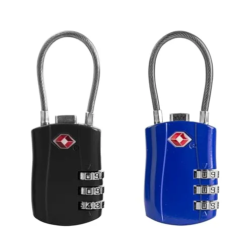 UP Security TSA Schloss Koffer Zahlenschloss 3 stellig, kleines Kabel Vorhängeschloss aus Metall, 10 cm Stahlseil für Reisegepäck, Rucksack, Spind und Handgepäck, 2er Set