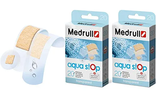 Medrull Wasserfeste Pflaster Set Doppelpack AQUA STOP Transparent Wundpflaster 2 x 20 Stück kleine und große Größen Dóppelpack