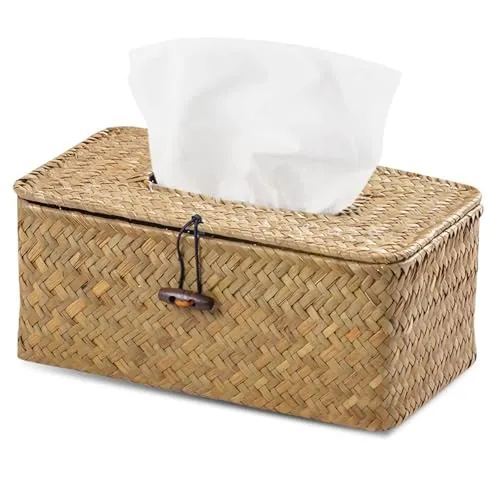 * 13 * 9cm Braun Taschentuchbox aus Rattan: Haushalt dekorativer gewebter Papierhalter, Rechteckige Seegras-Kosmetiktuchbox für Bäder, Küchen, Büros, Rechteckig 23